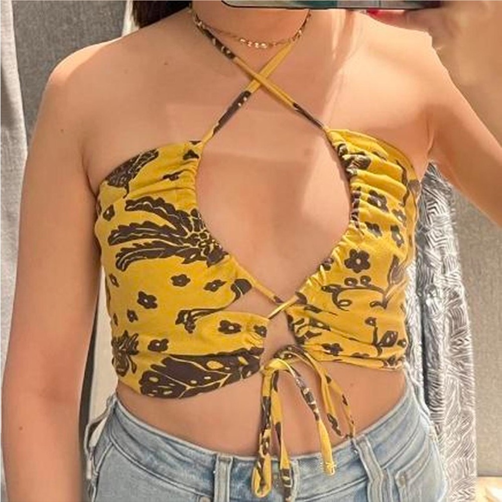 Yellow & Brown Floral Linen Blend Wrap Tie Multi Way Halter Crop Top